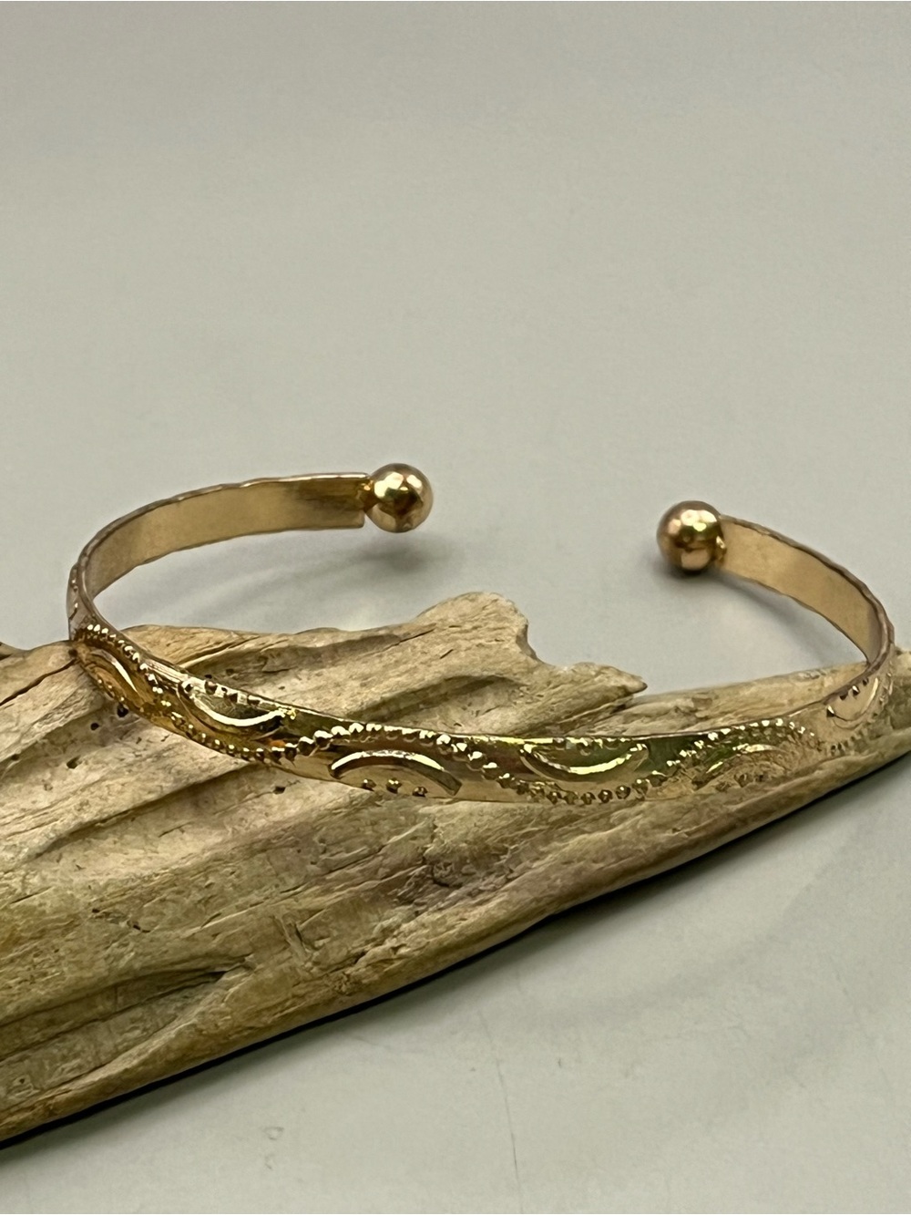 Gold Tone Cuff Bracelet Etched Swirl Ball End Bangle Boho Southwestern